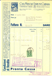 Documento originale, autentico 1940 BERGAMO Casa Musicale Edizioni CARRARA Acquisto fascicolo Musica Orante 1