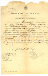 Documento originale, autentico 1930 TORINO REGIO MANICOMIO Certificato dimissioni di Giuseppe COMETTO 1