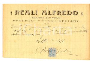 Documento originale, autentico 1922 SPOLETO PG Alfredo REALI negoziante agrumi Ricevuta di pagamento 1
