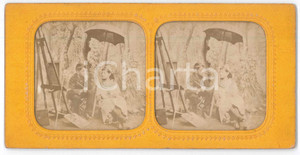 1890 ca FRANCIA - COSTUME - Giovane pittore con modella - Foto stereoscopica Fotografia stereoscopica d'epoca, su cartoncino rigido. GOOD/buono  Formato: 18x9 cm originale e autentica 1