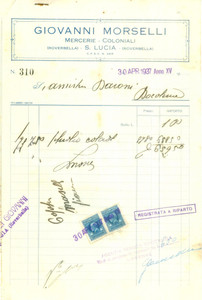 Documento originale, autentico 1937 ROVERBELLA MN Giovanni MORSELLI Mercerie coloniali a SANTA LUCIA Fattura 1