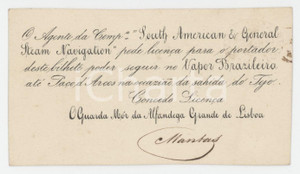 1900 ca LISBOA Licenca par SOUTH AMERICAN & GENERAL STEAM NAVIGATION Bilhete Tessera d'epoca con timbro a secco. FAIR/discreto Piccola macchia al margine destro Formato: 11x6 cm originale e autentica 1