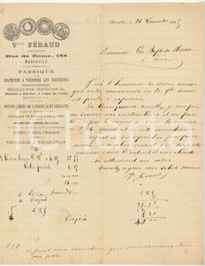 1885 MARSEILLE Veuve FERAUD - Machines pour bouchons - Lames - Lettre entÃªte Lettera commerciale d'epoca, manoscritta, su carta intestata.CONDIZIONI: F (piegature d'epoca).PAGINE: 1    originale e autentica 1