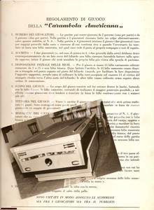 Materiale pubblicitario d’epoca 1960 circa Regolamento di gioco della CARAMBOLA americana LOCANDINA 1