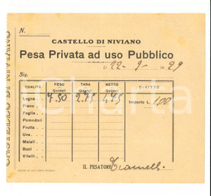 Documento originale, autentico 1929 NIVIANO CASTELLO PC Pesa privata ad uso pubblico 1
