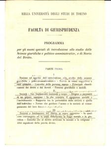 Documento originale, autentico 1864 UNIVERSITA  DI TORINO GIURISPRUDENZA Programma per esami Scienze giuridiche 1