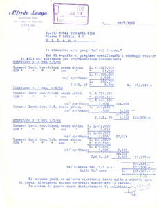 Documento originale, autentico 1956 CATANIA CINEMA Conteggi Alfredo LONGO Noleggio film per documentari 1