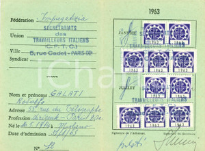 Oggetto da collezione cartaceo 1963 PARIS Secréariat des Travailleurs Italiens Tessera 1