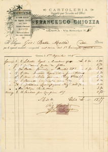 1898 GENOVA Francesco CHIOZZA Cartoleria per scuole ed uffici - Fattura Fattura commerciale d'epoca, su carta intestata, manoscritta.CONDIZIONI: FAIR (piegature d'epoca, lievi bruniture)PAGINE: 1    originale e autentica 1
