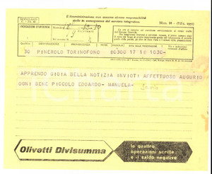 Documento originale, autentico 1960 ca TORINO Telegramma pubblicitario OLIVETTI DIVISUMMA  YOMO VINTAGE 1