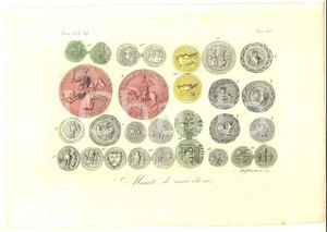 Stampa, bozzetto originale 1830 ca FERRARIO COSTUME EUROPA Monete di varie etÃ  Inc. MIGLIAVACCA 1