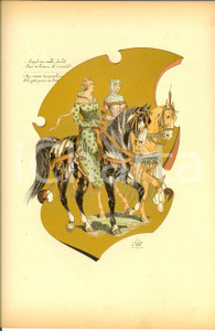 Stampa, bozzetto originale 1890 L. VALLET Le chic Ã  cheval  ChÃ¢telaines XIV siÃ¨cle Lithographie 25x33 1