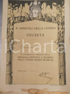 Documento originale, autentico 1921 ROMA Attestato a Mario BAGLIANI Medaglia ricordo guerra 19151918 1