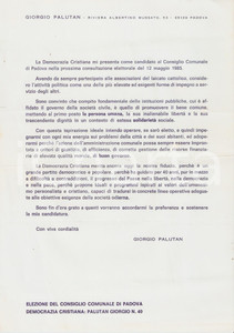Materiale pubblicitario d’epoca 1985 PADOVA Giorgio PALUTAN Candidato DEMOCRAZIA CRISTIANA Lettera elettorale 1