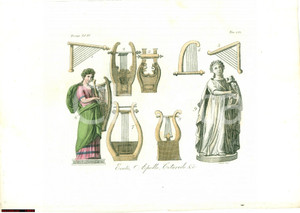 Stampa, bozzetto originale 1823 ANTICA GRECIA Cetra APOLLO citaredo strumenti 1