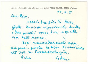 Autografo originale 1971 PADOVA Biglietto Libero MARZETTO per invio di foto  AUTOGRAFO 1
