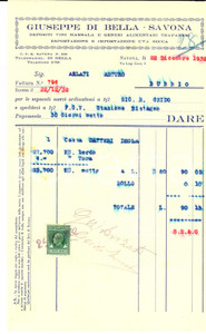 Documento originale, autentico 1932 SAVONA Ditta Giuseppe DI BELLA Fattura intestata per datteri DEGLA 1