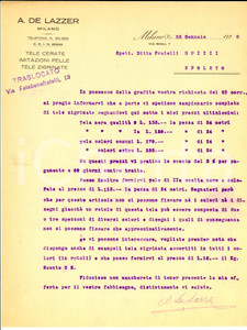 Documento originale, autentico 1928 MILANO Via Bigli 7 Ditta A. DE LAZZER Tele cerate e zigrinate Lettera 1