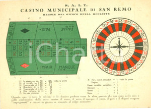 Documento originale, autentico 1935 ca SANREMO IM Casino Municipale S.A.I.T Regole giuoco roulette ILLUSTRATO 1