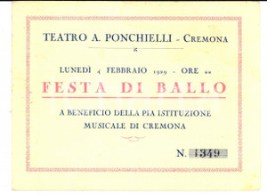 Oggetto da collezione cartaceo 1929 CREMONA TEATRO PONCHIELLI Invito festa da ballo Pia Istituzione Musicale 1
