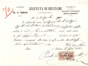 Documento originale, autentico 1900 VAL DI RUBBIANA FI Fattoria Marchese Carlo VIVIANI DELLA ROBBIA Ricevuta 1