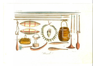 Stampa, bozzetto originale 1830 ca FERRARIO COSTUME ASIA Utensili tradizionali Inc. SASSO Colorata a mano 1