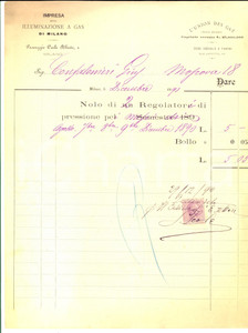Documento originale, autentico 1890 MILANO Impresa della illuminazione a gas  Noleggio regolatori pressione 1