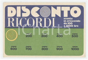 1977 MILANO - RICORDI & C. Carta punti DISCONTO Tessera sconto 9x6 cm Tessera d'epoca.  FAIR/discreto Lievi smussature agli angoli Formato: 9x6 cm originale e autentica 1