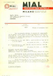 Materiale pubblicitario d’epoca 1945 MILANO Via Rovetta 18 Mial PASCUCCI  SAN PIETRO & C. oscillatori Lettera 1