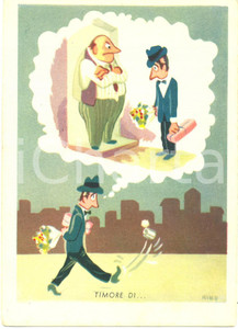 Cartolina originale da collezione 1955 SATIRA DI COSTUMI Il fidanzato pauroso e il padre burbero Illustratore NINO 1