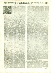 Giornale, rivista storica 1747 GIORNALE DI FOLIGNO n. 13 Esequie del Cardinale Vincenzo PETRA 1