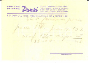 Materiale pubblicitario d’epoca 1950 ca BELLUNO Sartoria PUNZI Tessuti - mercerie *Cartoncino pubblicitario 1