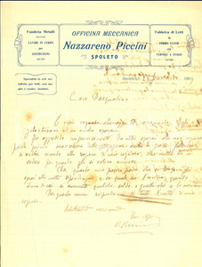 Documento originale, autentico 1909 SPOLETO Officina meccanica Nazzareno PICCINI Lettera su aggressione operai 1