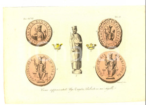 Stampa, bozzetto originale 1830 ca FERRARIO COSTUME EUROPEO Ugo Capeto nei sigilli GIARRE  Colorata a mano 1