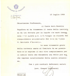 Autografo originale 1968 PADOVA Sindaco Cesare CRESCENTE  Lettera volo su Vienna AUTOGRAFO 1