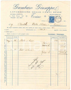 Documento originale, autentico 1935 TORINO Giuseppe GAMBARO C. Ponte Mosca 160  Lavorazione carni Fattura 1