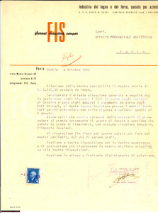 Documento originale, autentico 1943 PAVIA Blocco credito FIS Industria legno e ferro 1