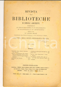 Giornale, rivista storica 1901 RIVISTA DELLE BIBLIOTECHE E DEGLI ARCHIVI V Riunione Bibliografica Italiana 1