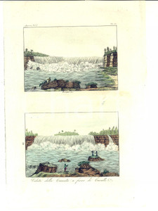 Stampa, bozzetto originale 1830 COSTUME AMERICA Veduta della cascata a ferro di cavallo Incisione BERNIERI 1