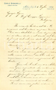 Autografo originale 1921 MILANO Editore Carlo SIGNORELLI Il calmiere Ã¨ un disastro per l editoria 1