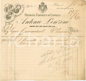 1901 MILANO - Antonio PONZONE Fabbrica cappelli - Fattura intestata Fattura commerciale d'epoca, manoscritta, su carta intestata.Milano - via S. Margherita 14CONDIZIONI: F (piegature d'epoca e minimi strappi laterali; minime bruniture marginali)PAGINE: 1     originale e autentica 1
