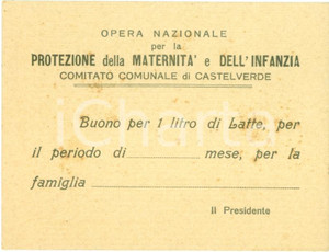 Documento originale, autentico 1935 ca CASTELVERDE CR Protezione Maternità Infanzia Buono per un litro di latte 1