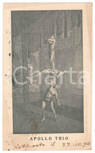 1916 ITALIA - CABARET - APOLLO TRIO Gladiatori romani - Cartolina AUTOGRAFA Cartolina postale d'epoca, con messaggio autografo al verso degli artisti, destinato al proprietario di un cinema-teatro, cui offrono disponibilit&agrave;.Viaggiata. FAIR/discreto lievi piegature marginali  e macchie Formato: 9x14 cm originale e autentica 1