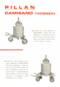 Materiale pubblicitario d’epoca 1960 ca CAMISANO (VI) Macchine enologiche PILLAN Carrelli per torchio TOREVEREST 1