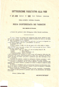 Documento originale, autentico 1869 FIRENZE Sottoscrizione SocietÃ  Anonima Tabacchi 1