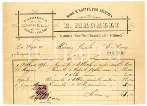 Documento originale, autentico 1896 TORINO Piazza Vittorio Emanuele  E. MAGALLI Fabbrica cappelli Fattura 1