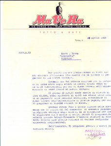 Manoscritto, lettera originale 1949 TORINO MA VE RA Tutto a rate  Difficoltà economiche del dopoguerra 1