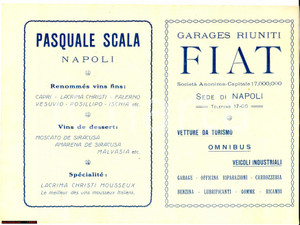 Materiale pubblicitario d’epoca 1920 NAPOLI Pasquale SCALA vini  Garages Riuniti FIAT 1