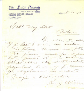 Manoscritto, lettera originale 1951 ADRIA RO Ditta Luigi NACCARI Materiale elettrico Lettera commerciale 1