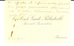 Autografo originale 1913 PIACENZA Biglietto da visita del cav. conte Guido PALLASTRELLI Autografo 1